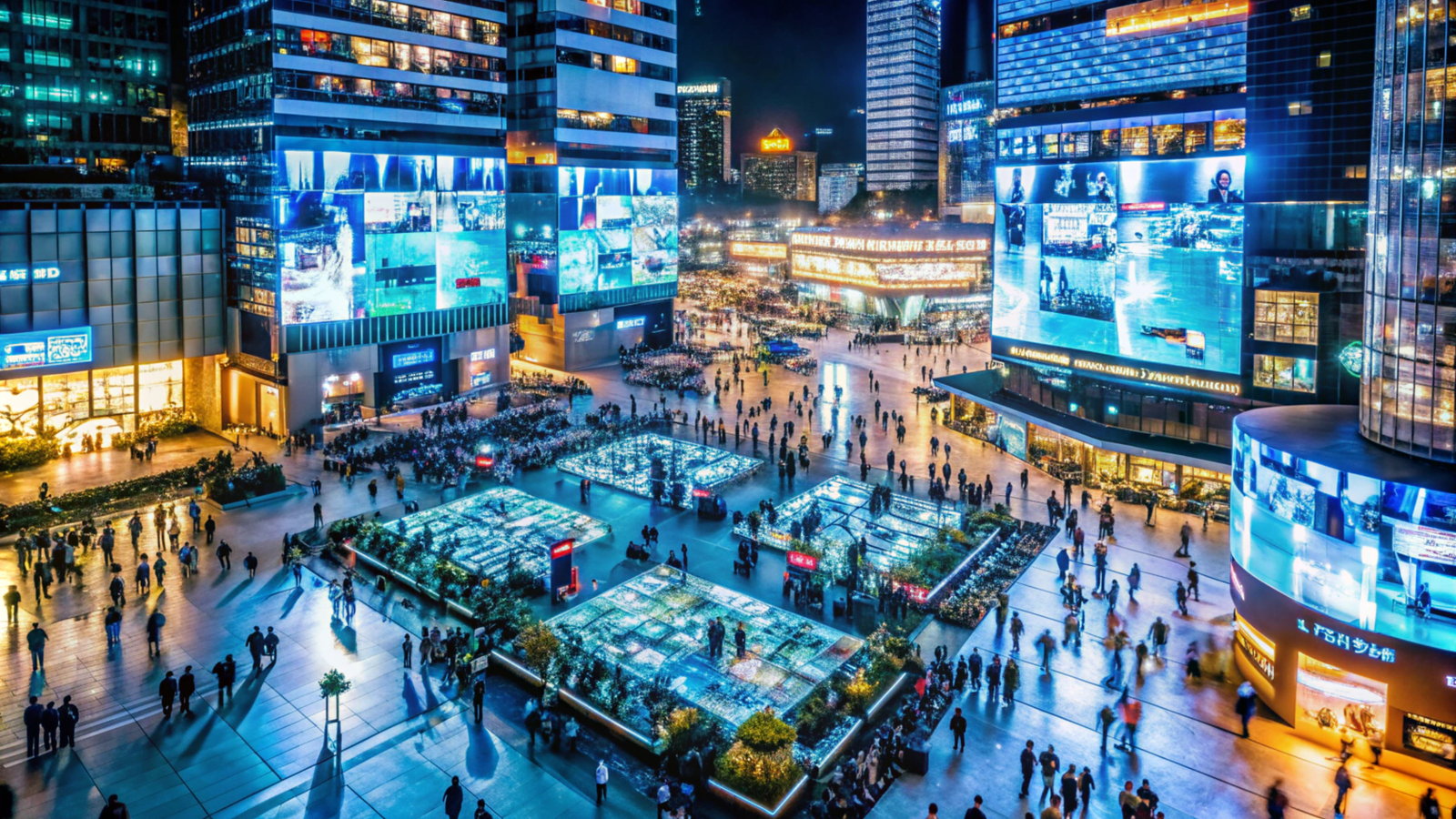 Cityscape with glowing illuminated billboards and pedestrians.