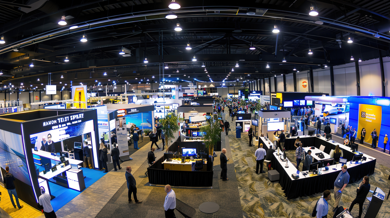 A panoramic shot of a bustling tech conference or expo, with attendees exploring the latest gadgets and innovations --ar 16:9 Job ID: 0f01e43b-9f20-4874-8a67-84196d257f0f