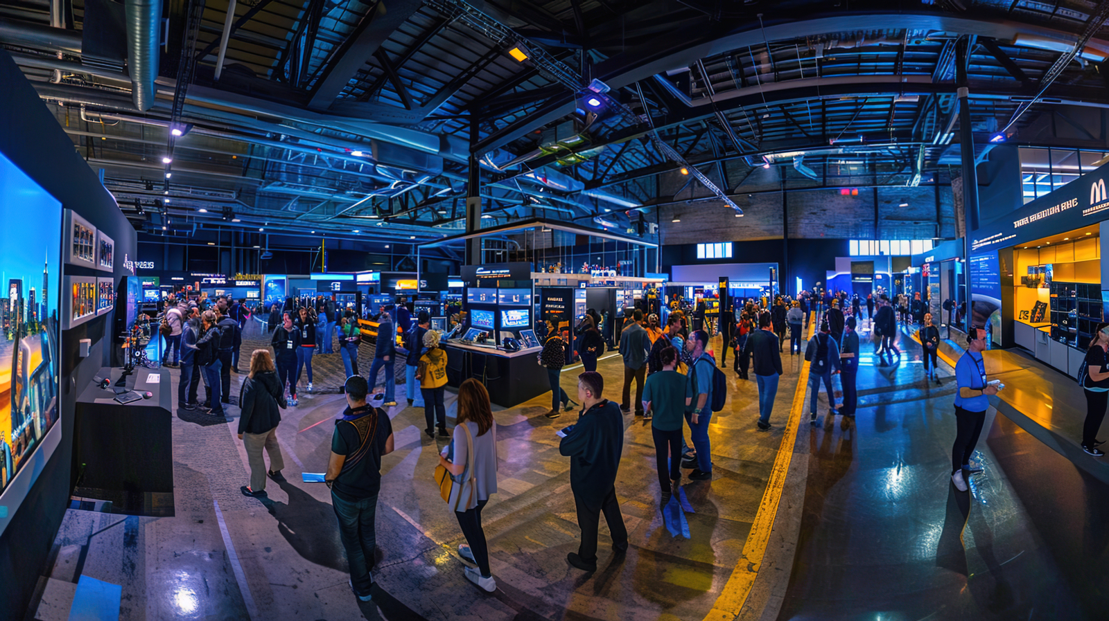 A panoramic shot of a bustling tech conference or expo, with attendees exploring the latest gadgets and innovations --ar 16:9 Job ID: 7ad4b9e9-a444-4d06-8401-c25519ea0cb1